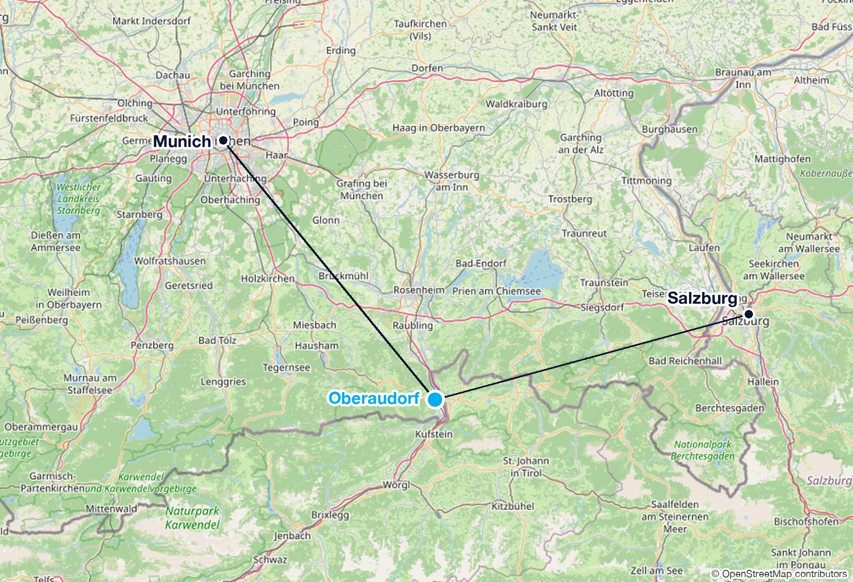 Map of southeast Bavaria showing Oberaudorf on the Austrian border, southeast of Munich and southwest of Salzburg