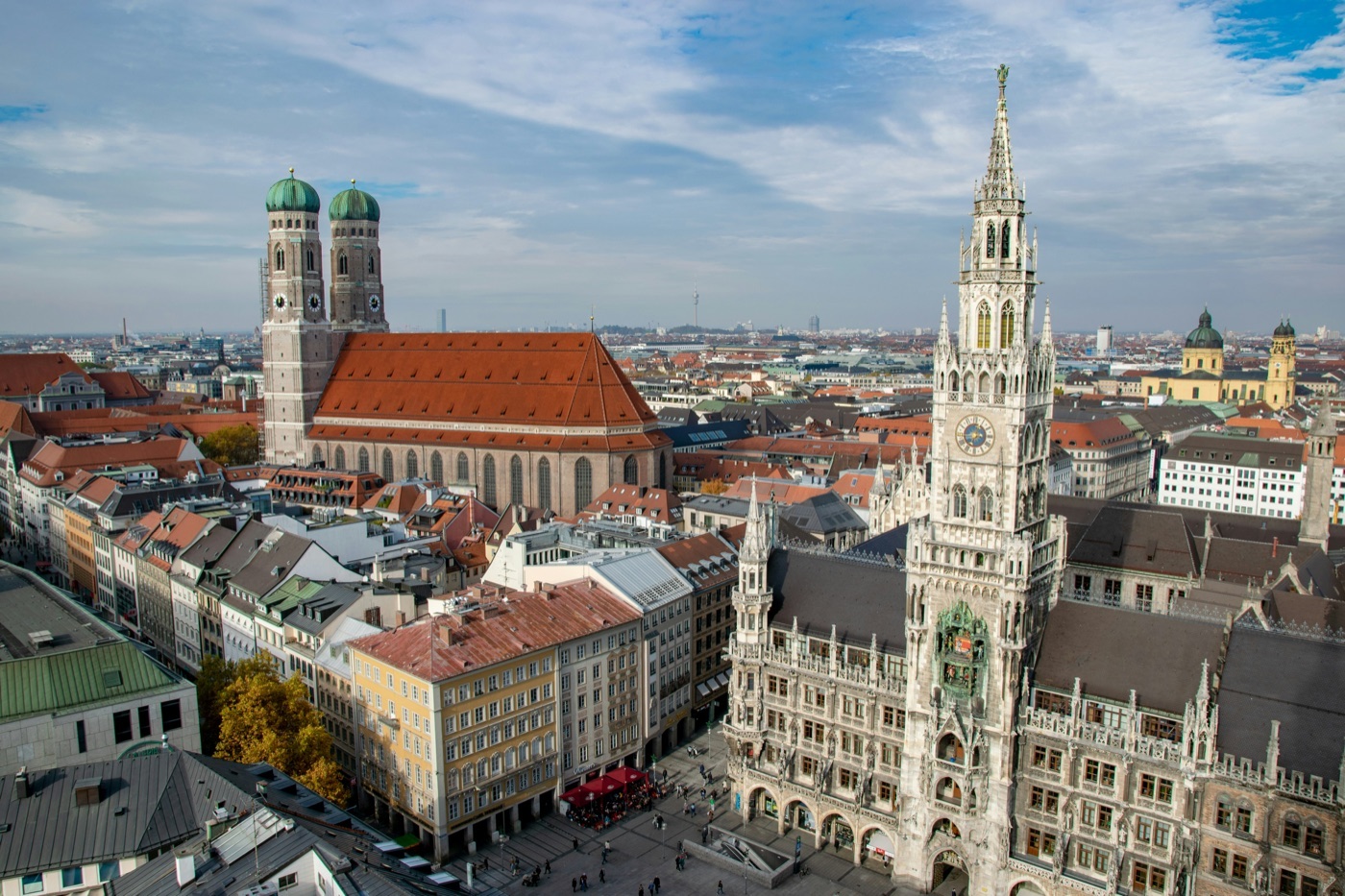 Munich’s Frauenkirche and New Town Hall seen from above Marienplatz